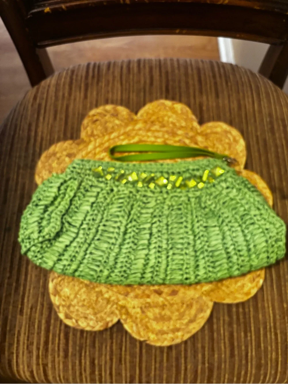 Sun & Sand Green Beaded Woven Clutch Wristlet | Textured Ruched Evening Handbag